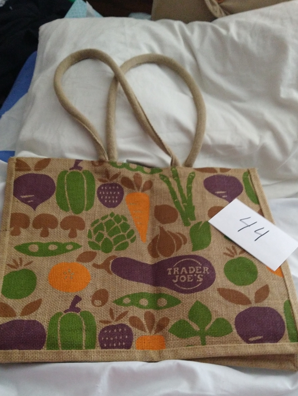 Trader Joe's Reusable Grocery Tote Bag - Brown with Green & Purple Produce Print